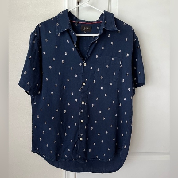 Jachs New York Men’s navy blue Medium linen blend button down polo preppy anchor - Picture 1 of 6